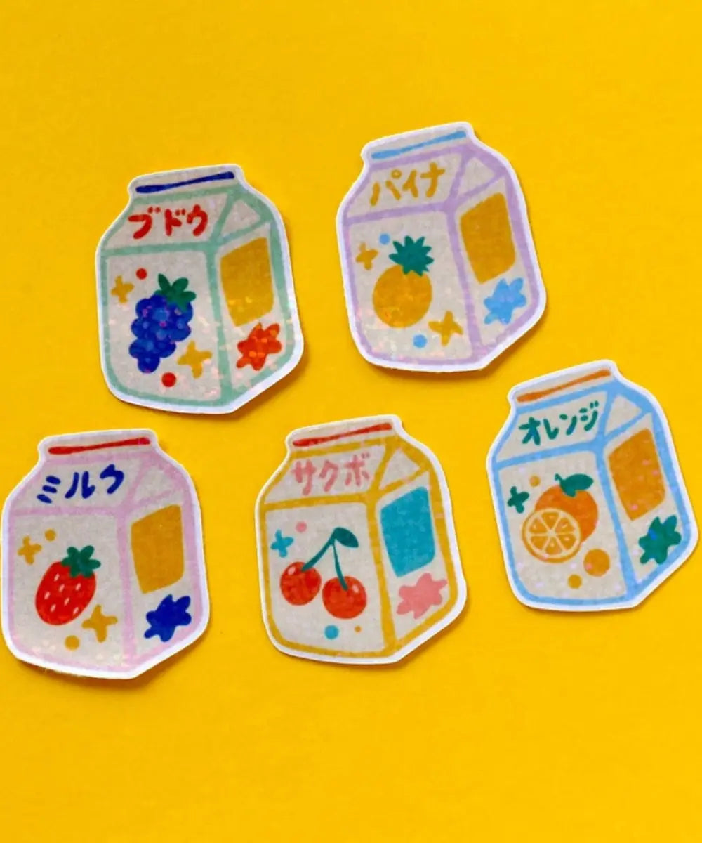 Lot de 5 stickers holographiques briques de jus de fruits japonais faits main a Lyon.