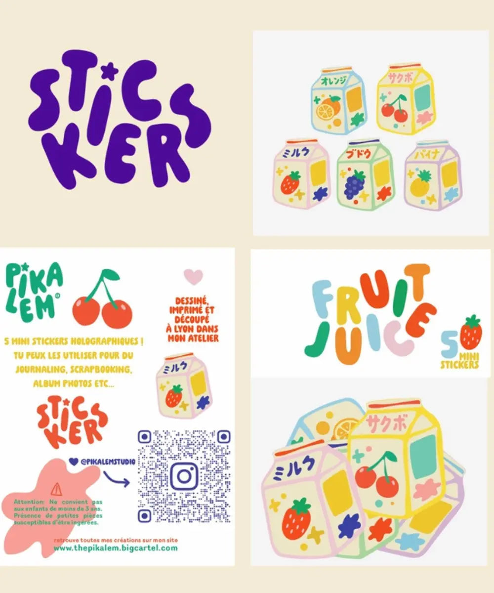Lot de 5 stickers holographiques briques de jus de fruits japonais faits main a Lyon.