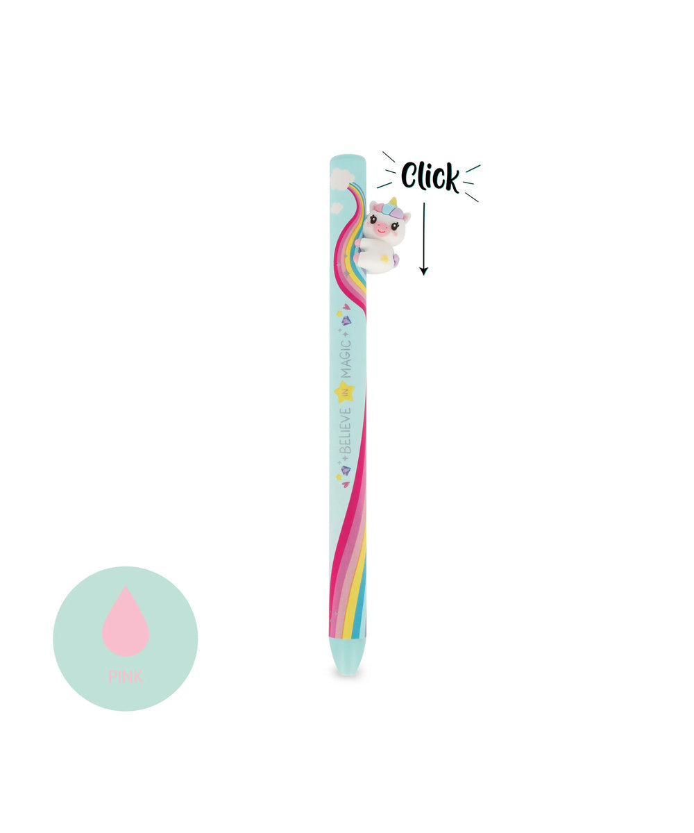Stylo Licorne Free Hugs Legami, mécanisme clic et couleur de l’encre rose