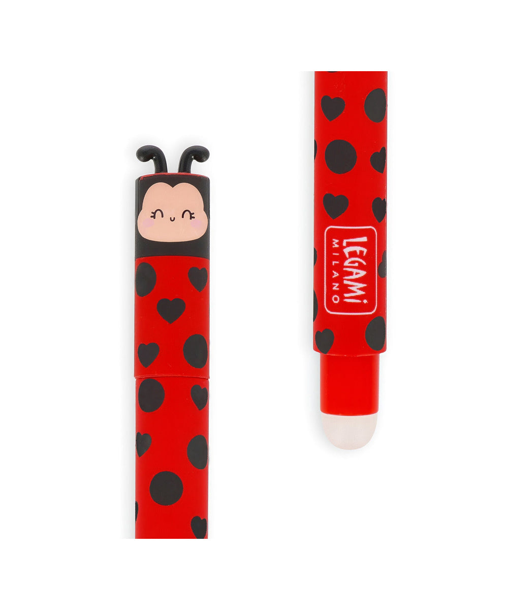 Stylo à Encre Gel Effaçable Coccinelle de la marque Legami, sur fond blanc