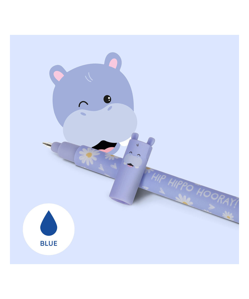 Stylo à Encre Gel Effaçable Hippopotame « Hip Hippo Hooray! » de la marque Legami, sur fond blanc
