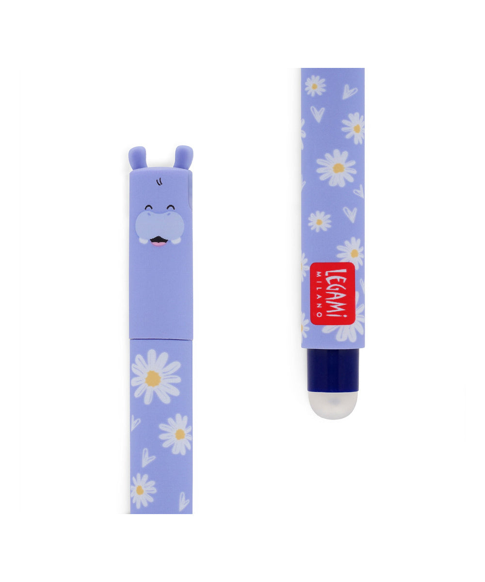 Stylo à Encre Gel Effaçable Hippopotame « Hip Hippo Hooray! » de la marque Legami, sur fond blanc