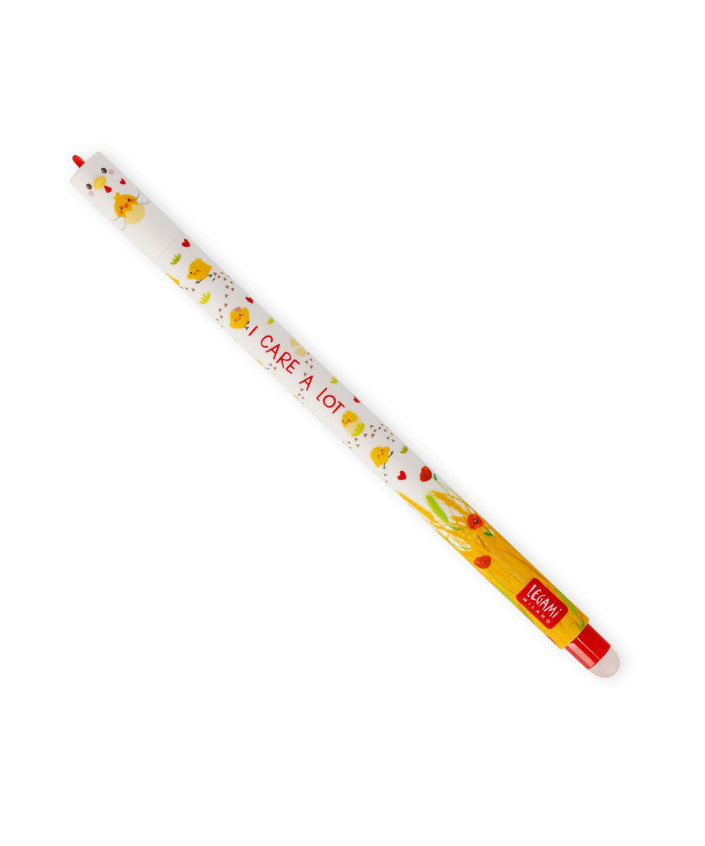 Stylo à Encre Gel Effaçable Poule « I Care a Lot » de la marque Legami, sur fond blanc