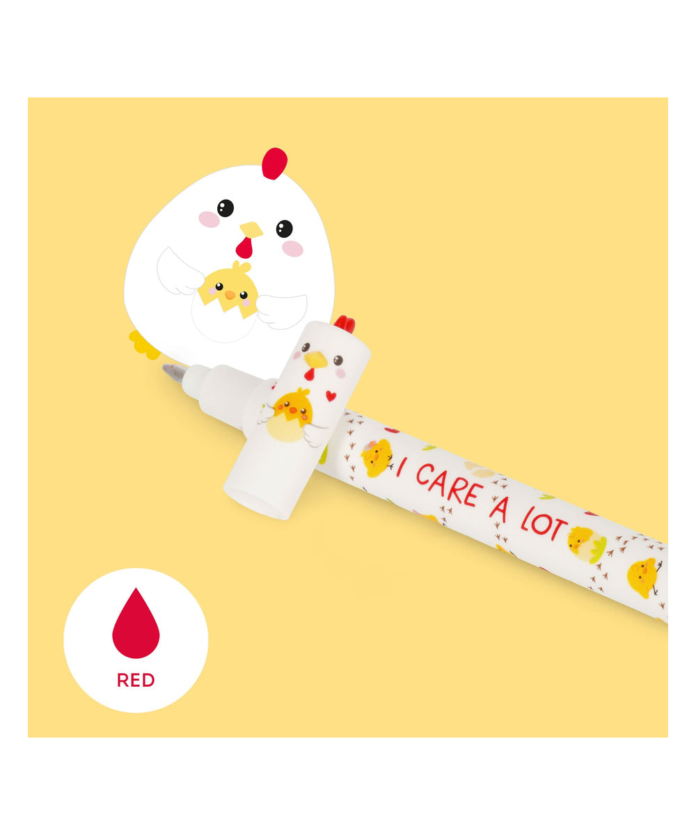 Stylo à Encre Gel Effaçable Poule « I Care a Lot » de la marque Legami, sur fond blanc