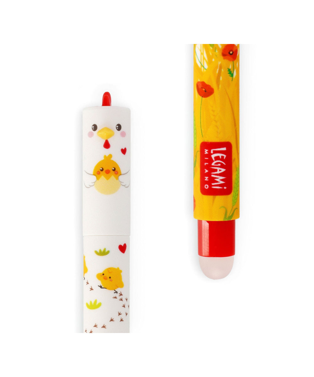 Stylo à Encre Gel Effaçable Poule « I Care a Lot » de la marque Legami, sur fond blanc
