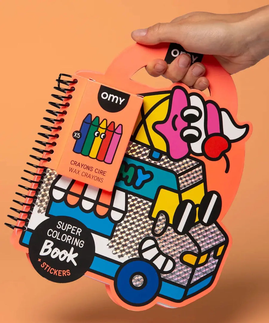 Livre de coloriages et stickers univers yummy avec crayons de cire omy.