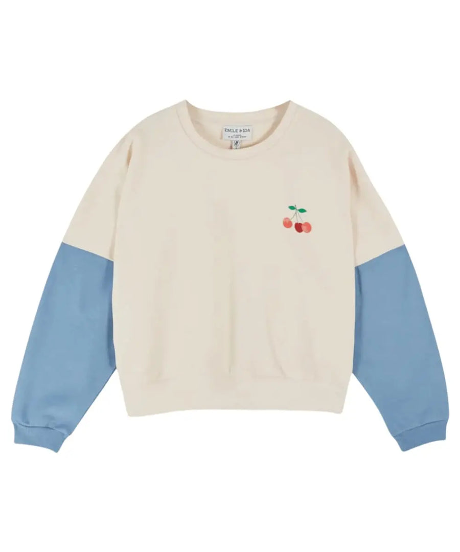 Sweat-shirt bicolore crème et bleu Chérie Cherry Emile et Ida en coton bio
