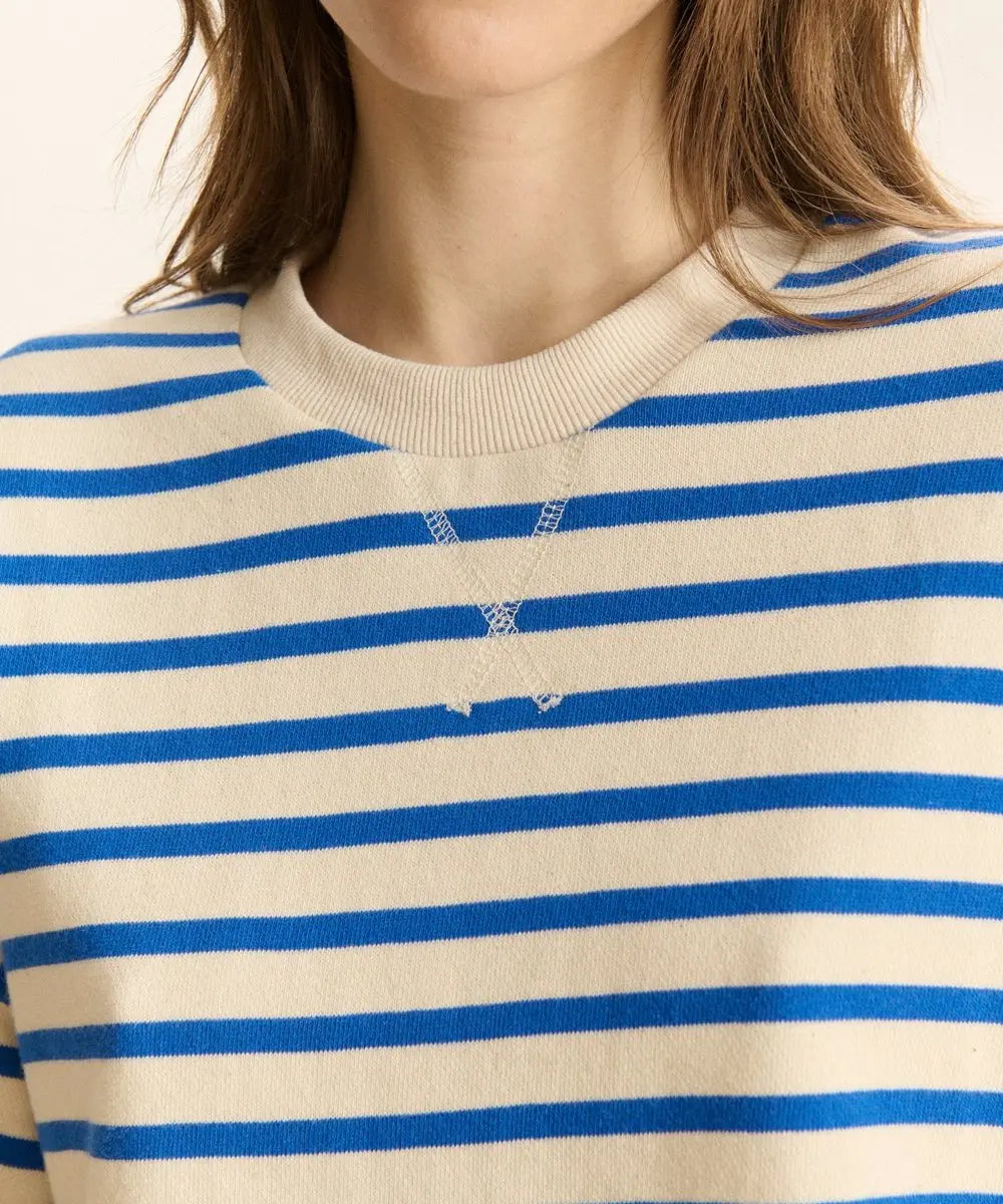 Photo zoomée permettant de voir les détails de l'imprimé rayé du Sweat Chiara Bleu Électrique de Garance
