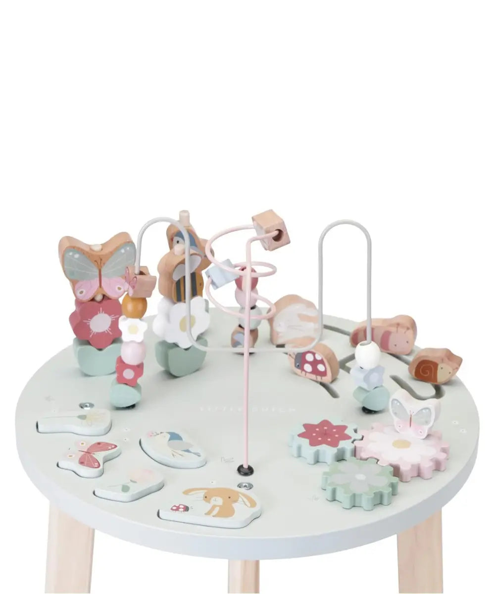 Table d'activités en bois de la collection Flowers and Butterflies de Little Dutch avec spirale a perles et engrenages.
