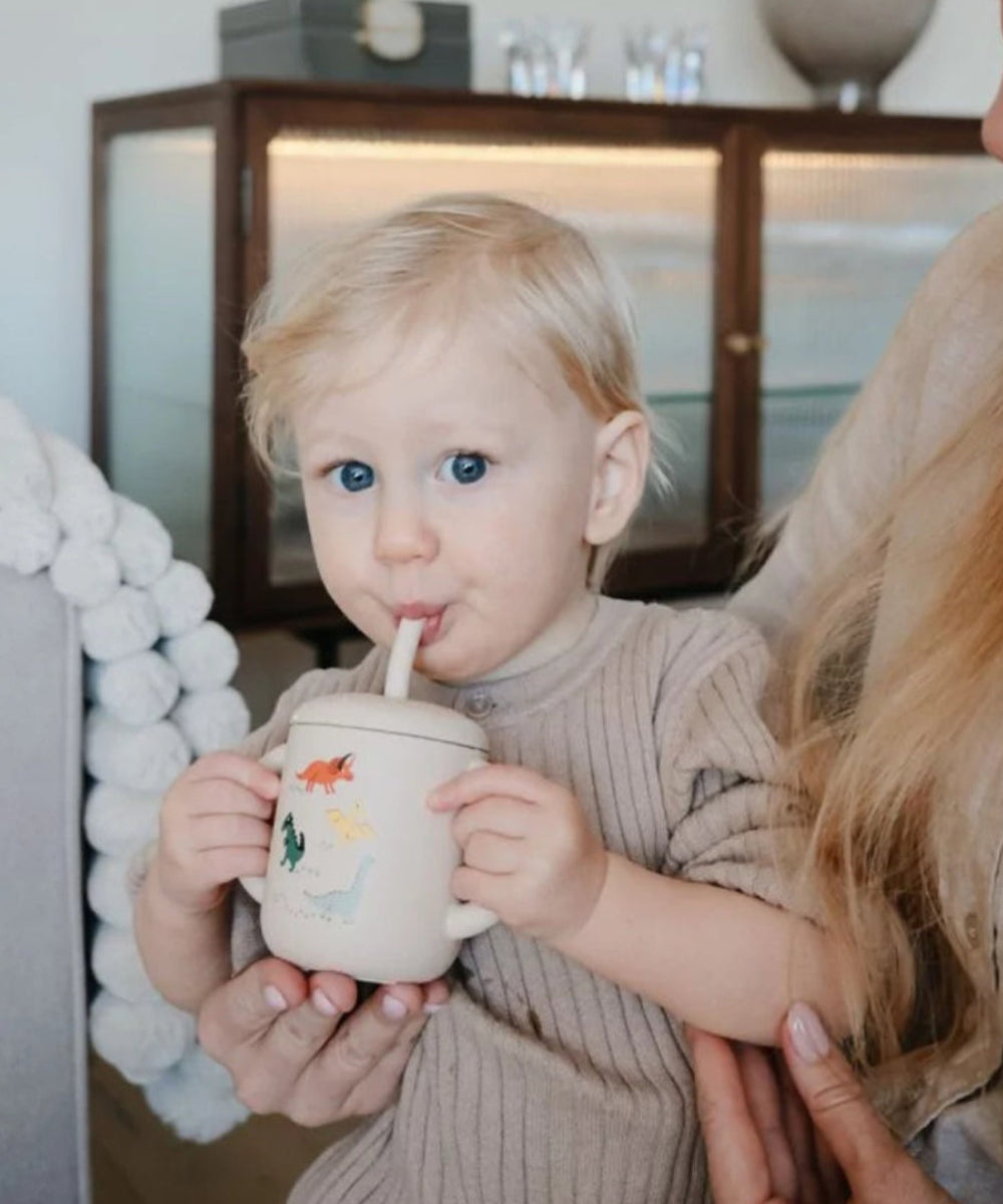 Tasse d apprentissage a paille en silicone avec motifs dinosaures Mushie pour bébé