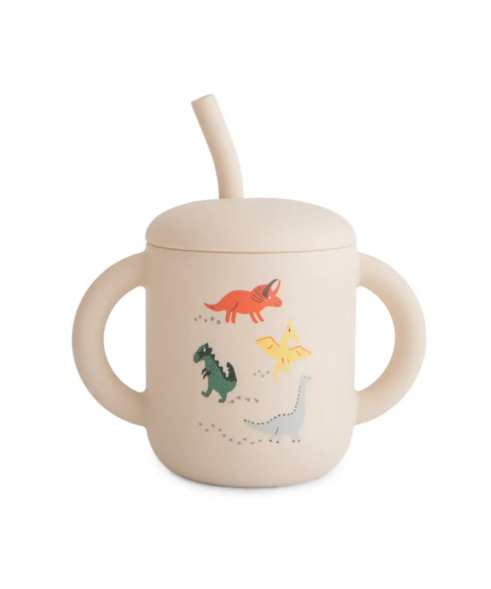 Tasse d apprentissage a paille en silicone avec motifs dinosaures Mushie pour bébé
