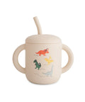 Tasse d apprentissage a paille en silicone avec motifs dinosaures Mushie pour bébé