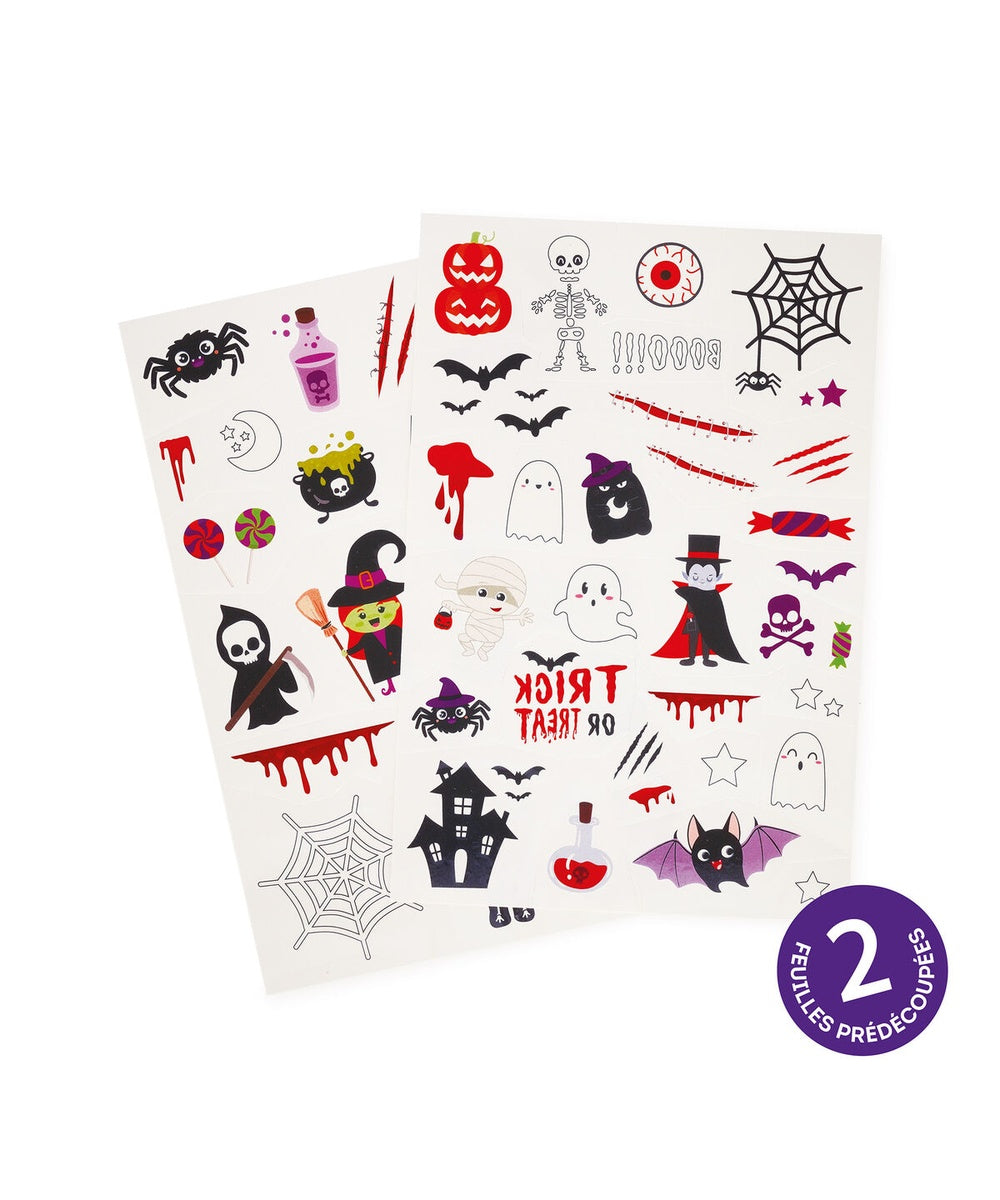 Planches de tatouages éphémres Halloween phosphorescents de Legami qui brillent dans le noir.