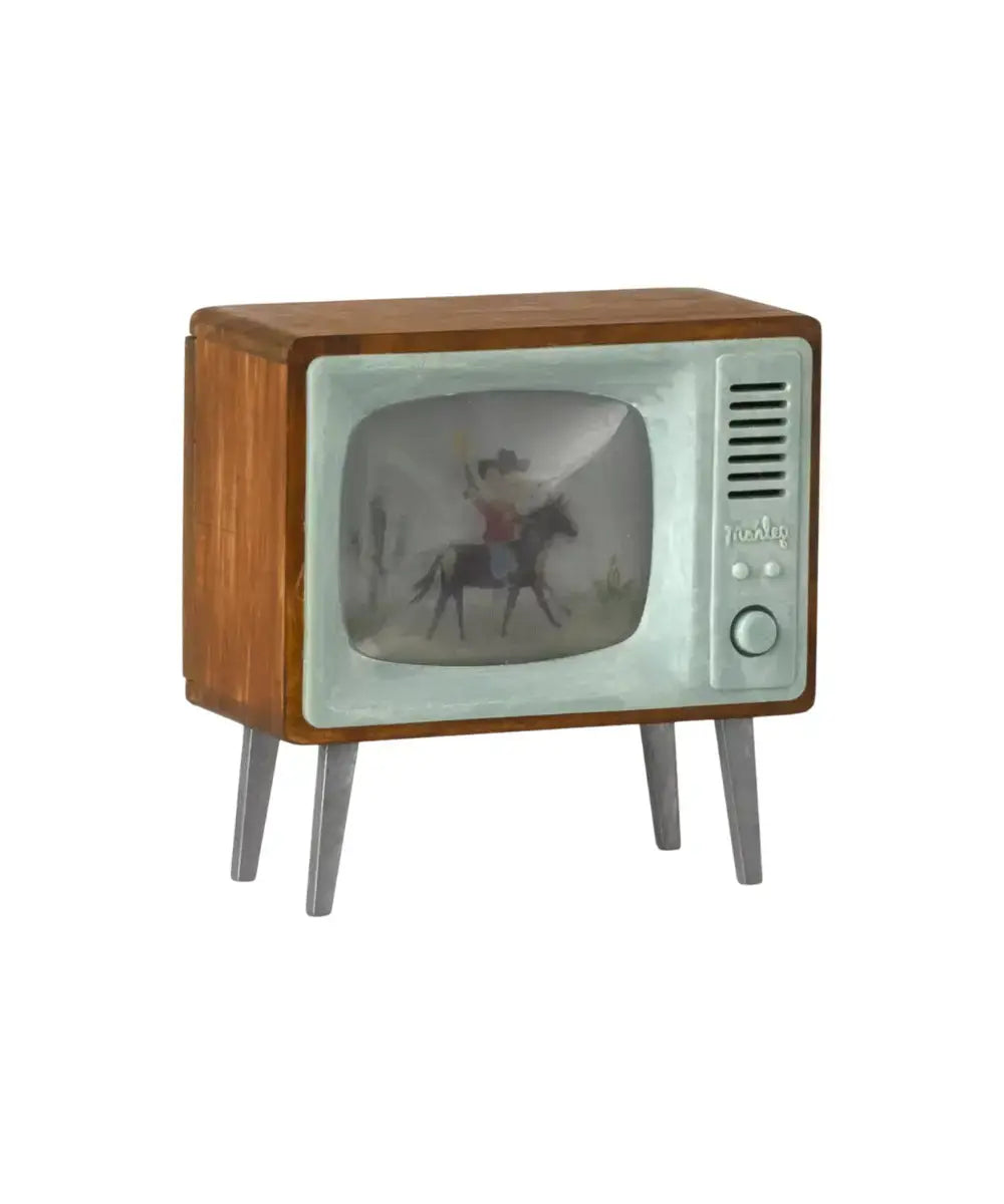 Télévision de Maileg sur fond blanc et ue sur le côté