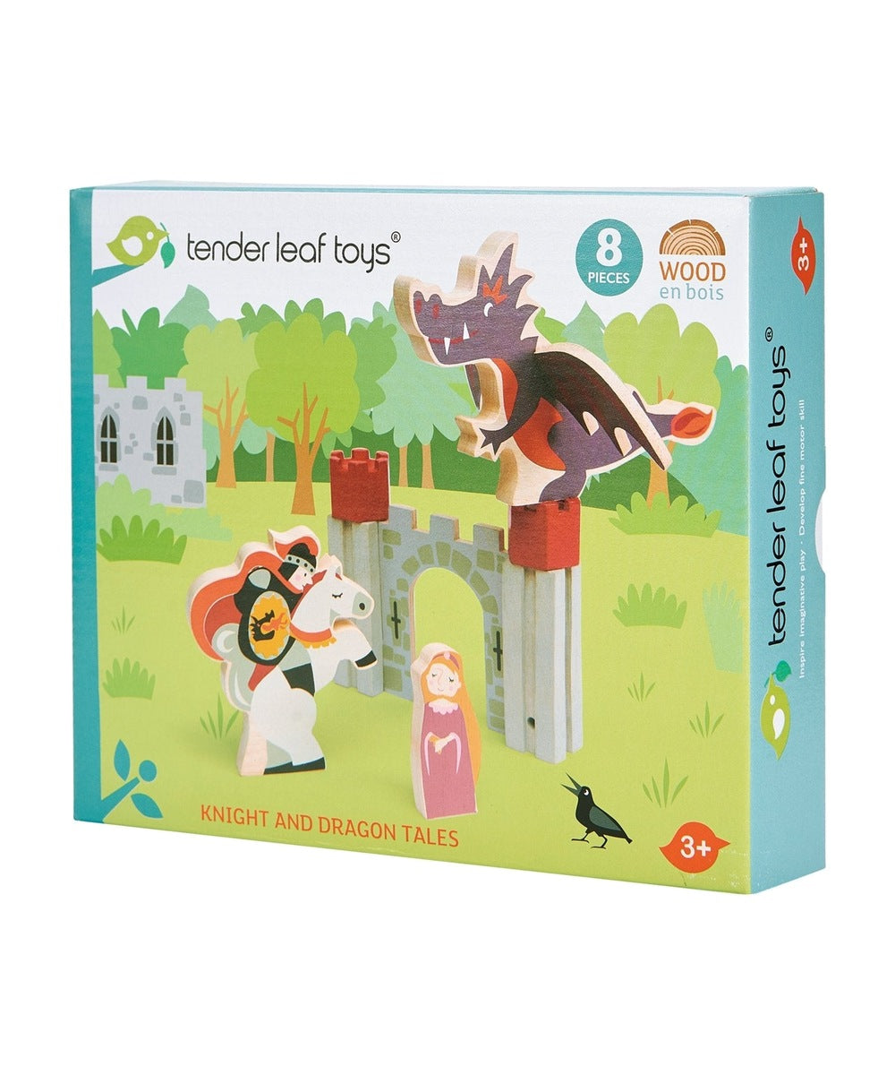 Boîte illustrée du coffret Contes de chevalier et de dragon Tender Leaf sur fond blanc