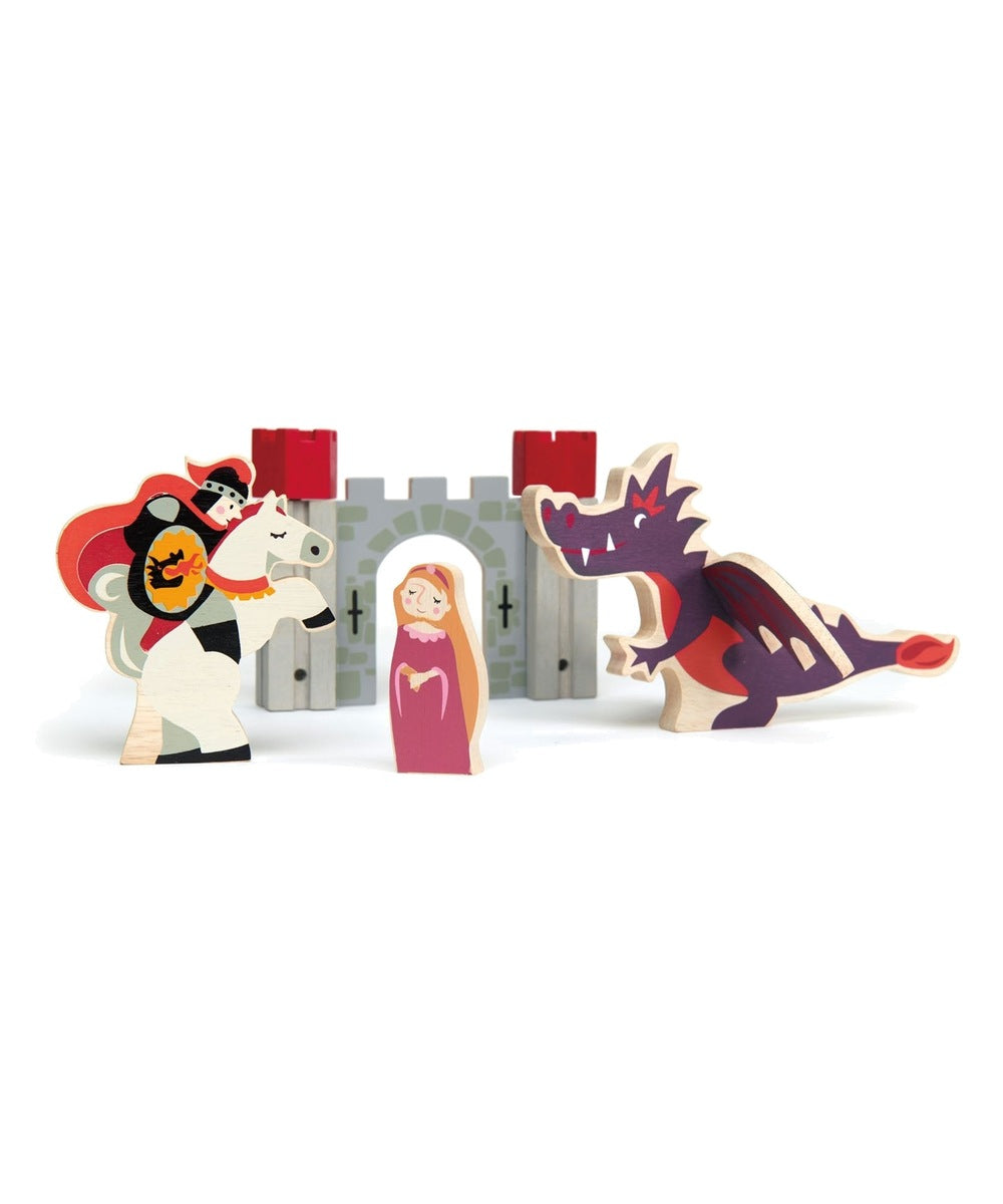 Personnages et rempart du coffret Contes de chevalier et de dragon Tender Leaf alignés sur fond blanc
