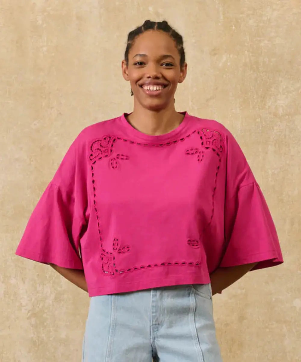 T-shirt à manches courtes pour femme couleur rose fuchsia en coton doux Louise Misha.