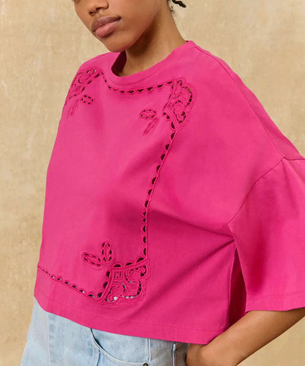 T-shirt à manches courtes pour femme couleur rose fuchsia en coton doux Louise Misha.