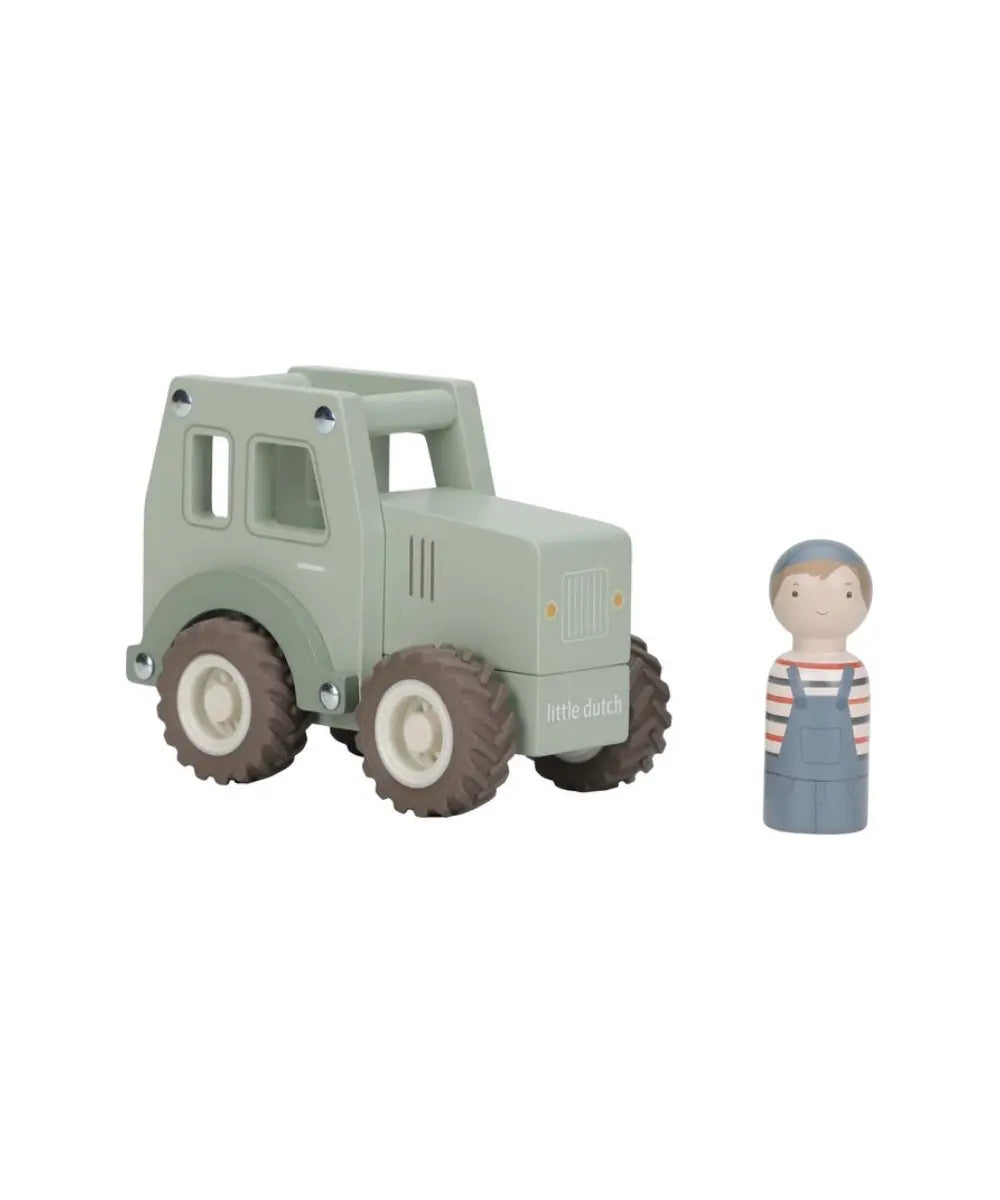 Tracteur en bois - Vert Little Dutch vu de face sur fond blanc