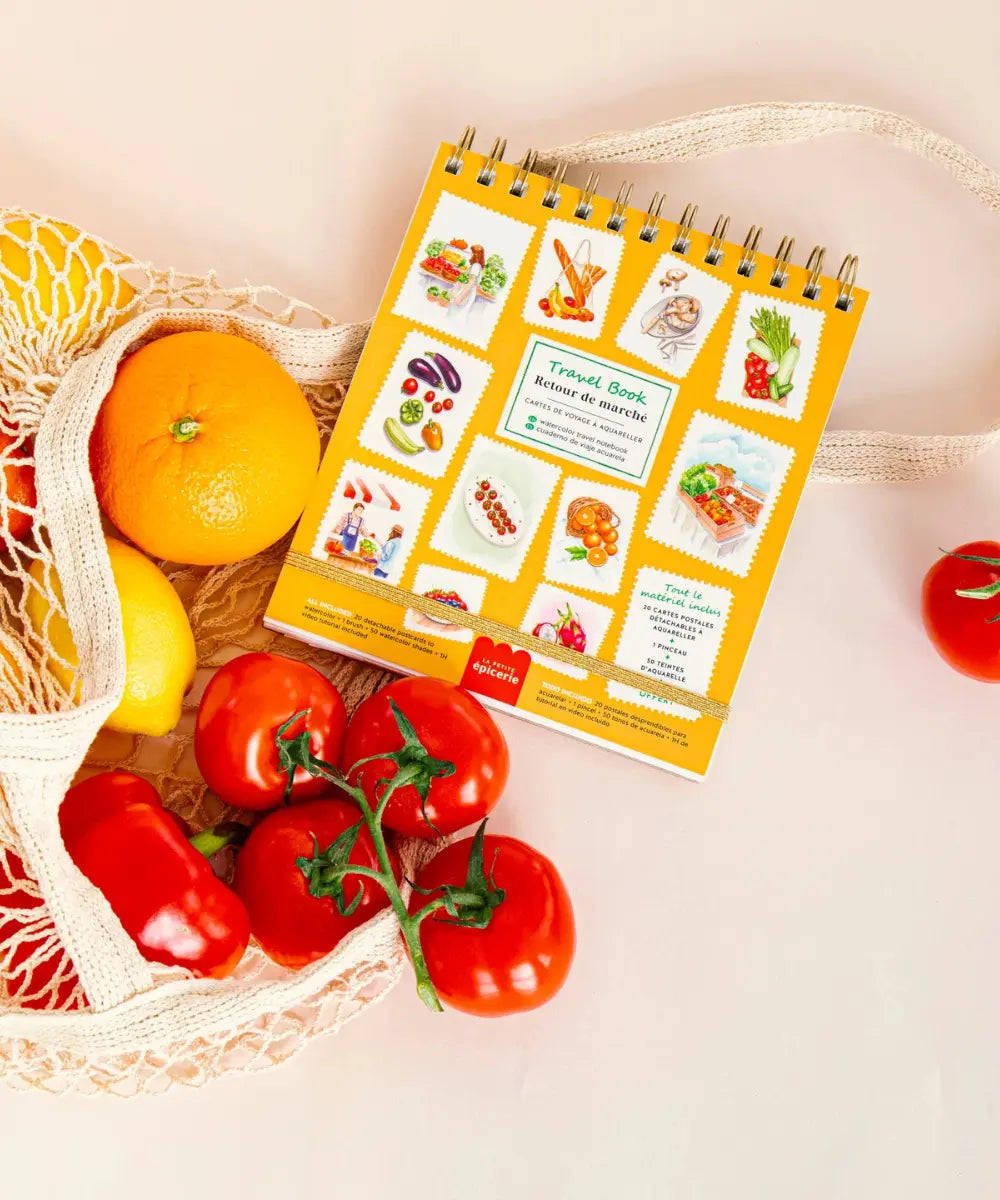 Travel Book aquarelle Retour de Marché La Petite Épicerie avec palette intégrée et cartes postales