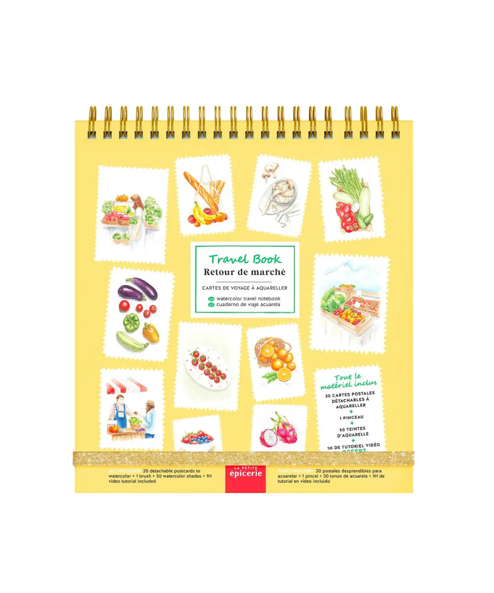 Travel Book aquarelle Retour de Marché La Petite Épicerie avec palette intégrée et cartes postales