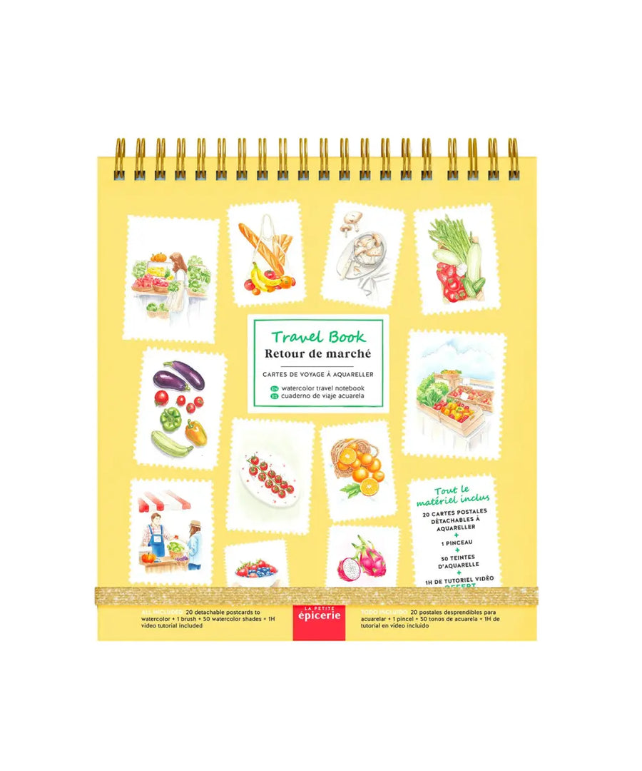 Travel Book aquarelle Retour de Marché La Petite Épicerie avec palette intégrée et cartes postales