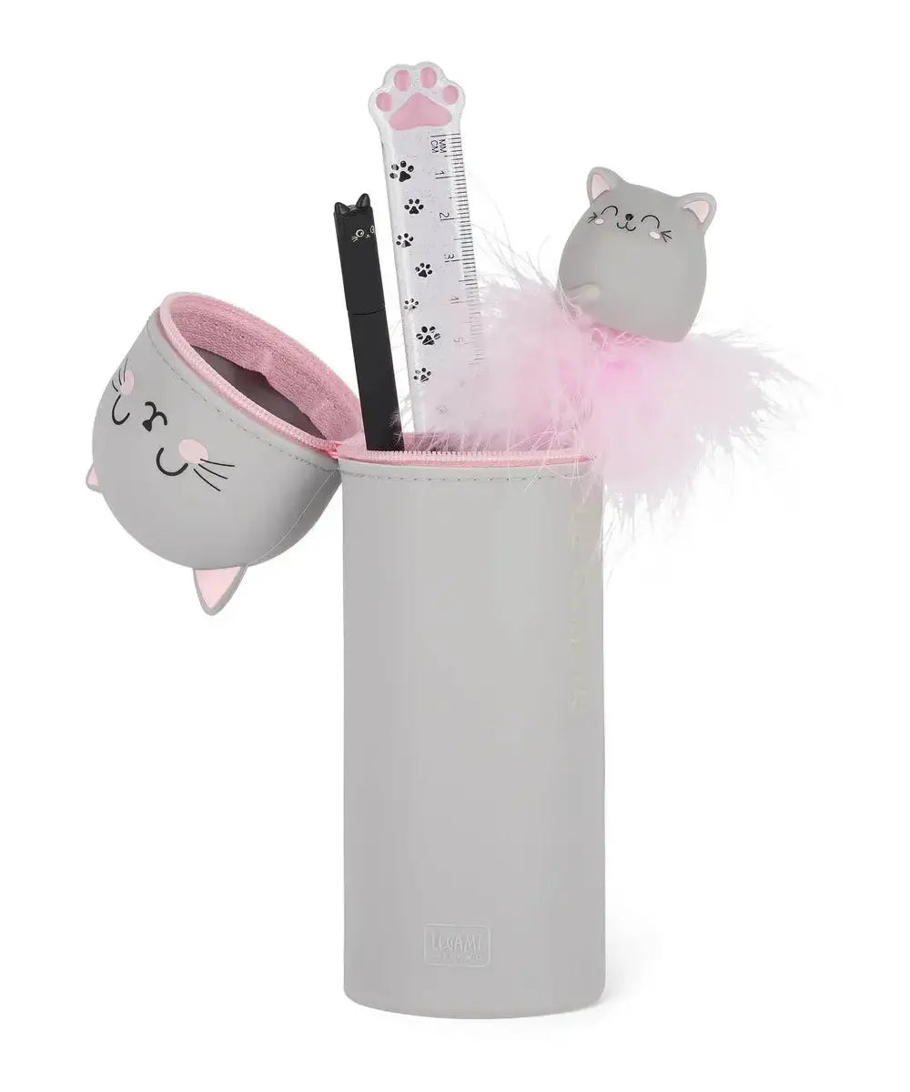 Trousse Chat de Legami ouverte sur un fond blanc