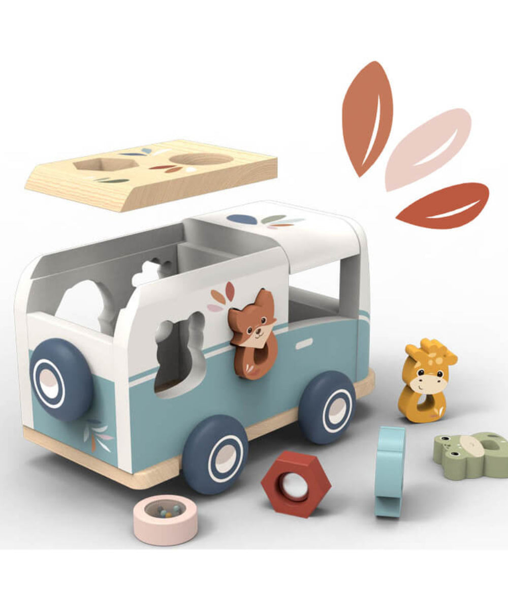 Van boîte à formes en bois de Speedy Monkey, présenté sous un autre angle, sur fond blanc