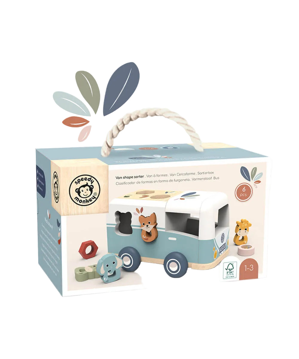 Van boîte à formes en bois de Speedy Monkey, présenté sous un autre angle, sur fond blanc