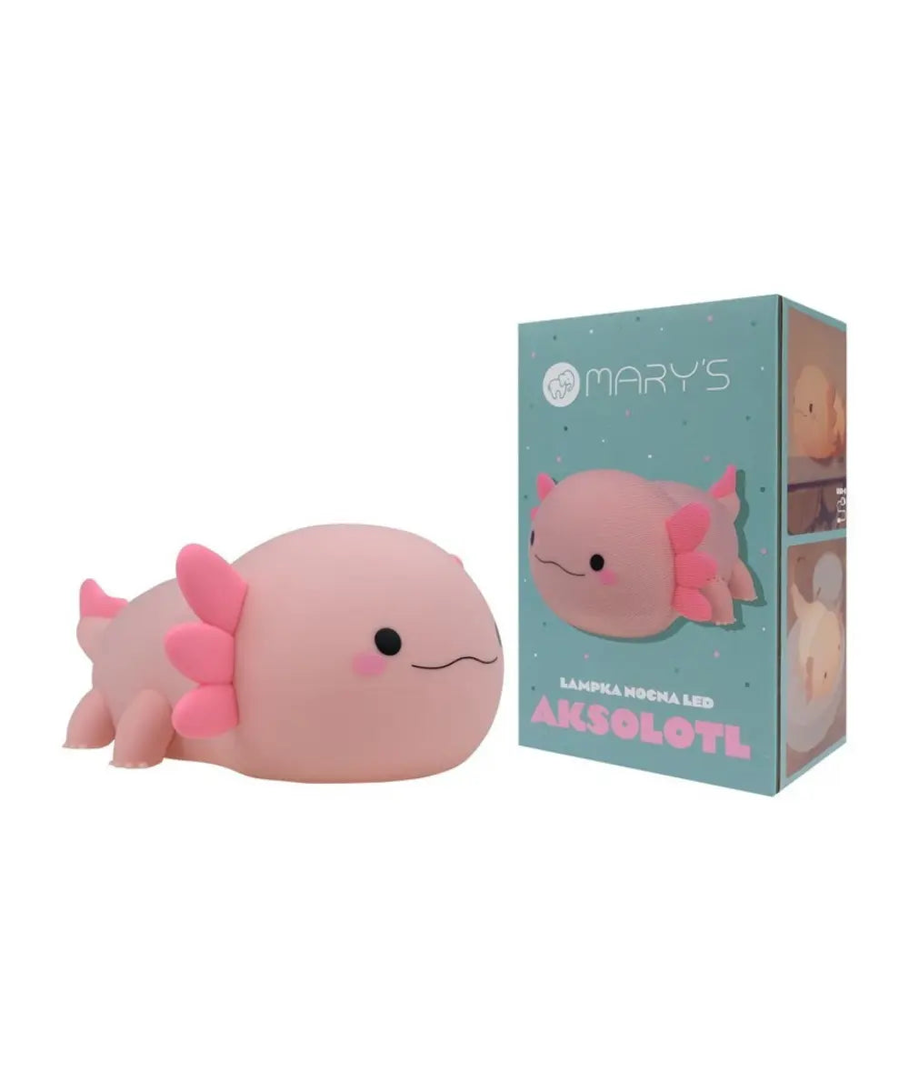 Veilleuse pour enfant en silicone souple rose en forme d'axolotl et son packaging