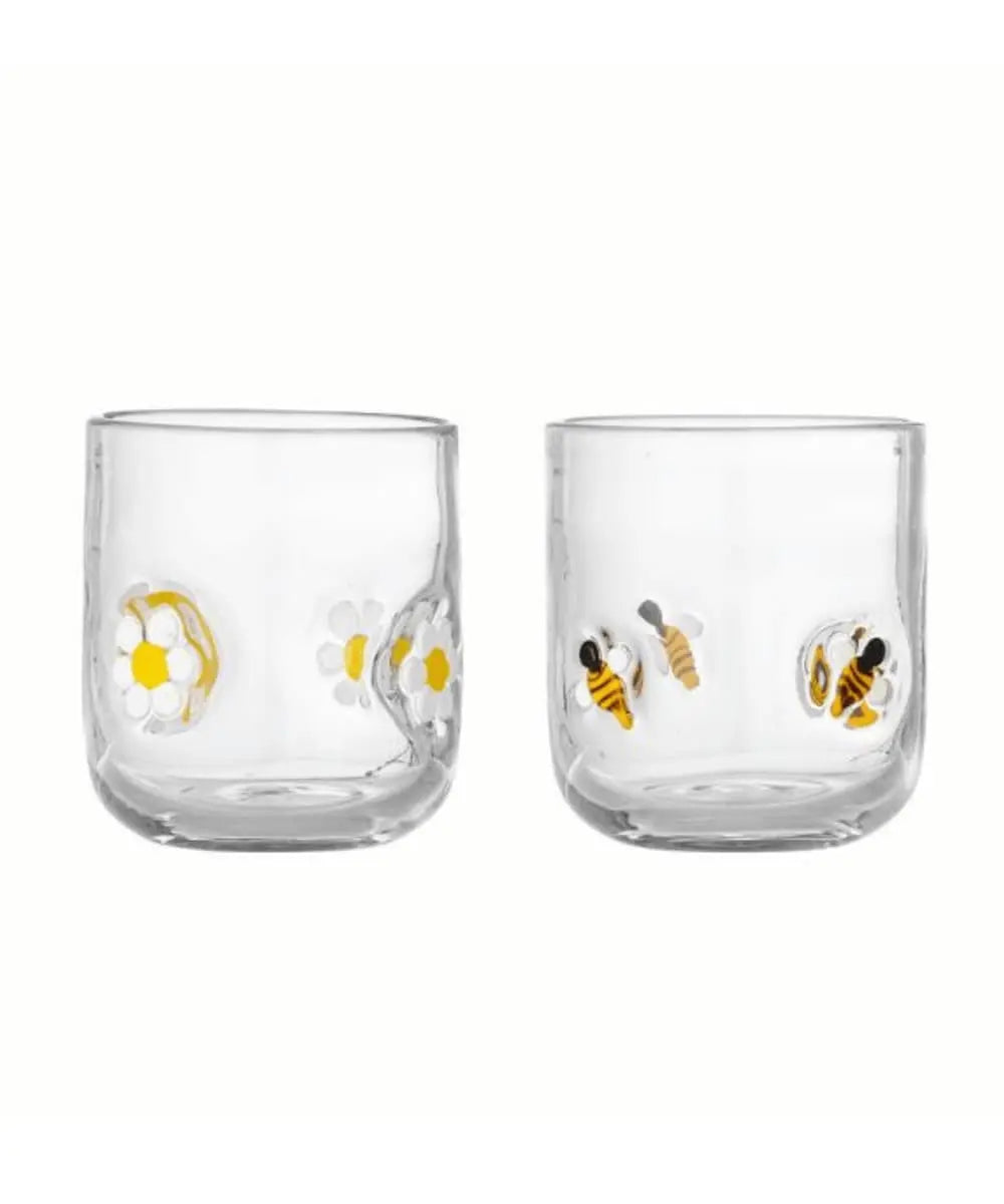 Set de deux verres artisanaux Bloomingville motifs abeilles et fleurs.