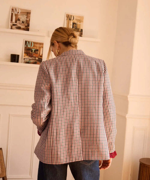 Dos du blazer Isarn bordeaux à carreaux pour femme