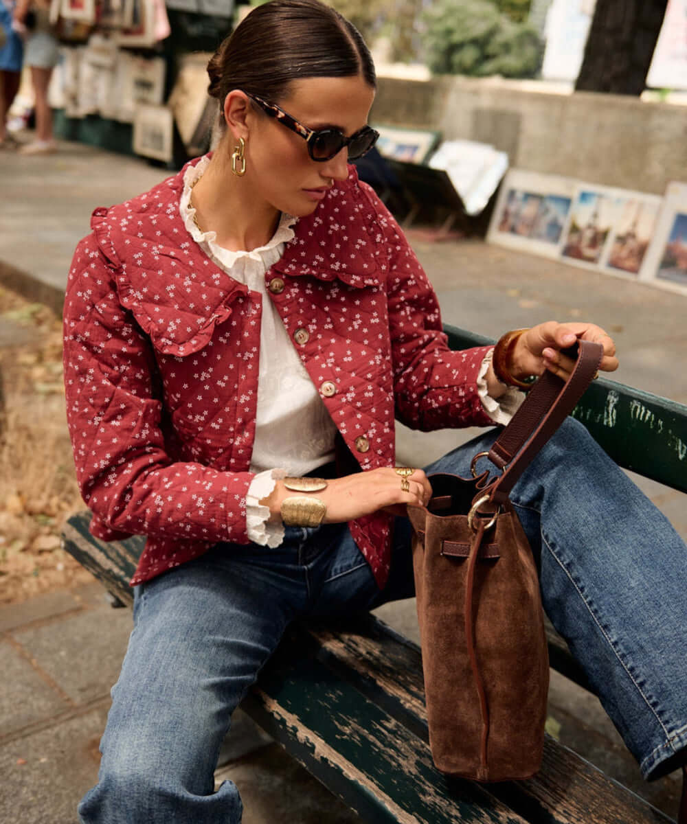 Veste courte Gabriel bordeaux à petit motif fleuri