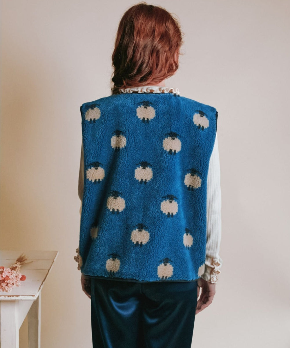 Veste Sans Manches Moumoute Moutons Bleu