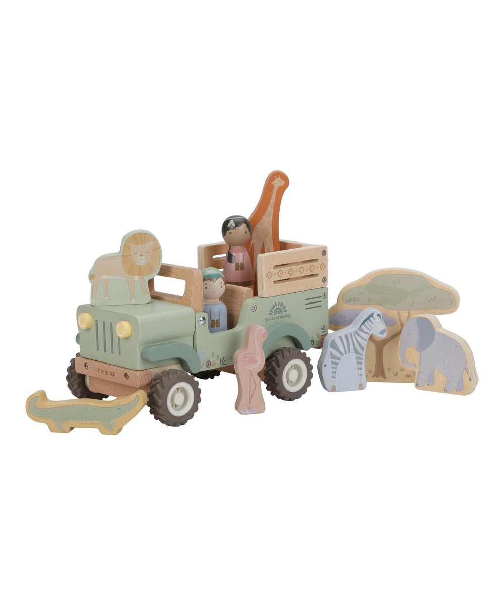 Voiture de safari en bois Little Dutch avec animaux et rangers sur fond blanc
