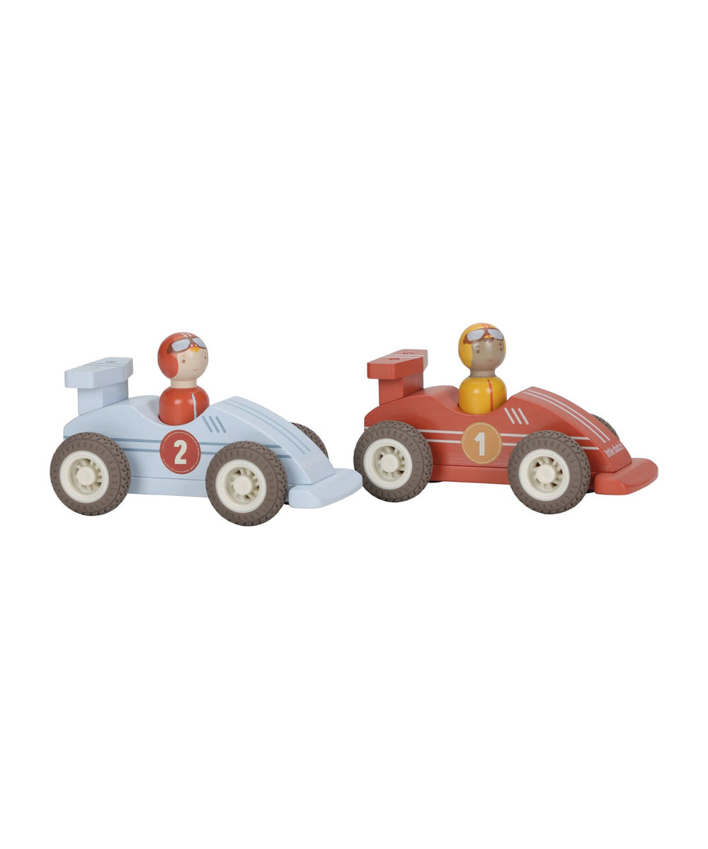 Lot de deux voitures de course à rétrofriction Little Dutch, bleue et rouge, sur fond blanc