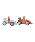 Lot de deux voitures de course à rétrofriction Little Dutch, bleue et rouge, sur fond blanc