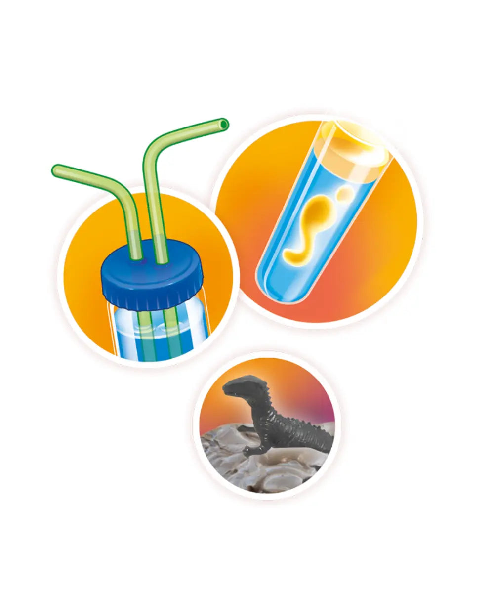 Coffret scientifique volcans et dinosaures buki france avec experiences d'eruptions et outils de fouille.