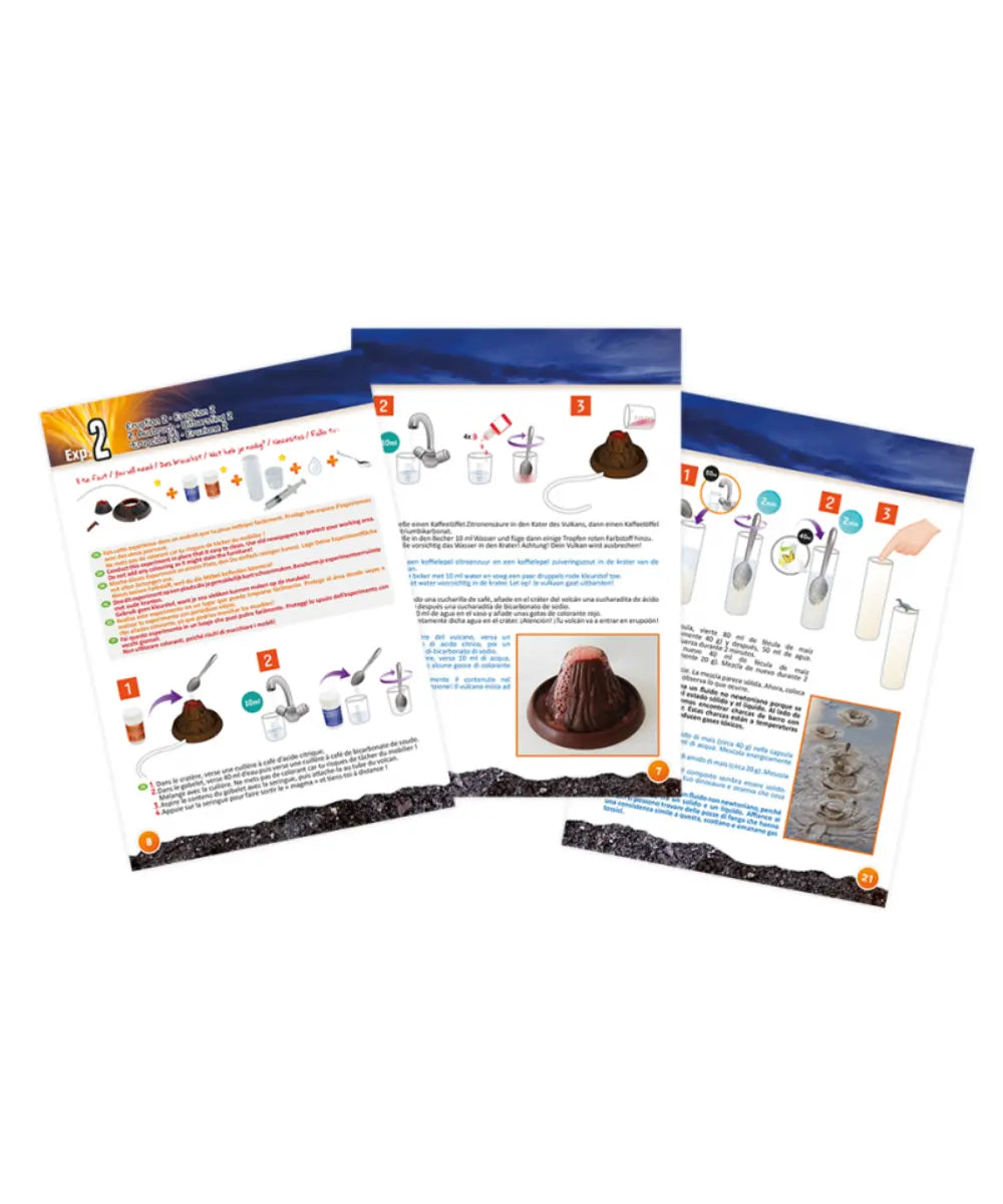 Coffret scientifique volcans et dinosaures buki france avec experiences d'eruptions et outils de fouille.