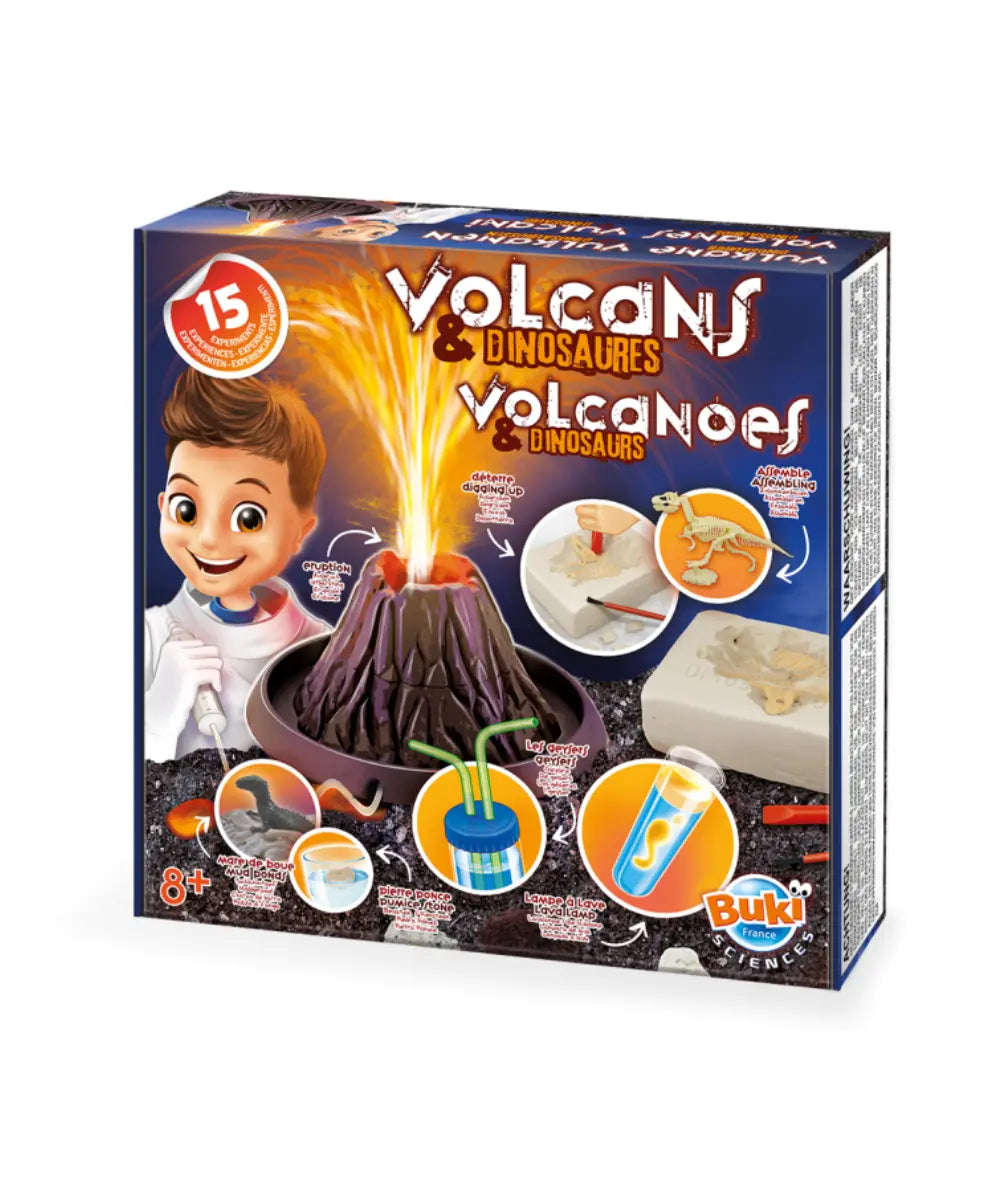 Coffret scientifique volcans et dinosaures buki france avec experiences d'eruptions et outils de fouille.