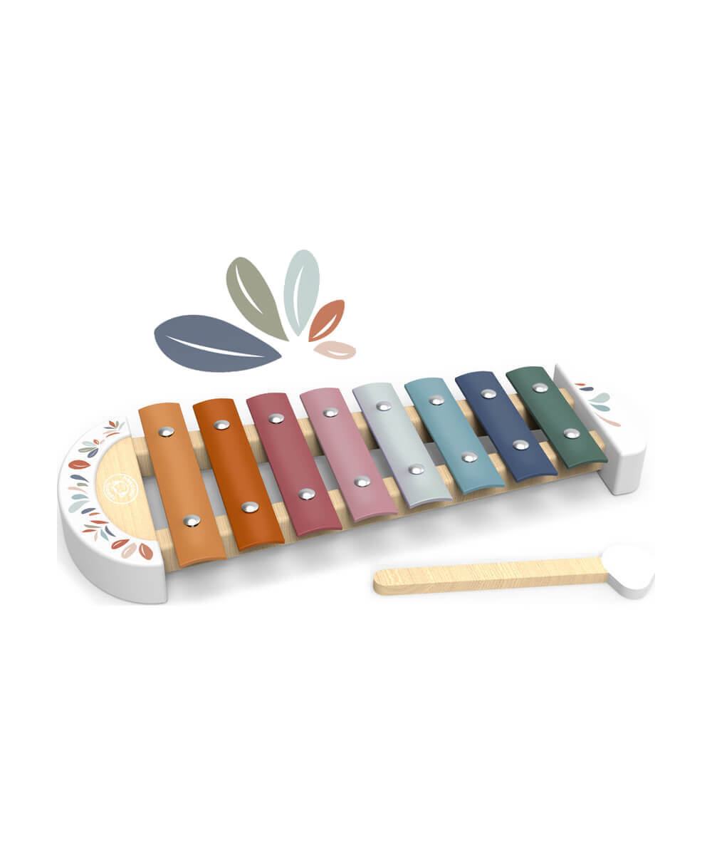 Xylophone Speedy Monkey en bois avec huit lames colorées et sa baguette, sur fond blanc