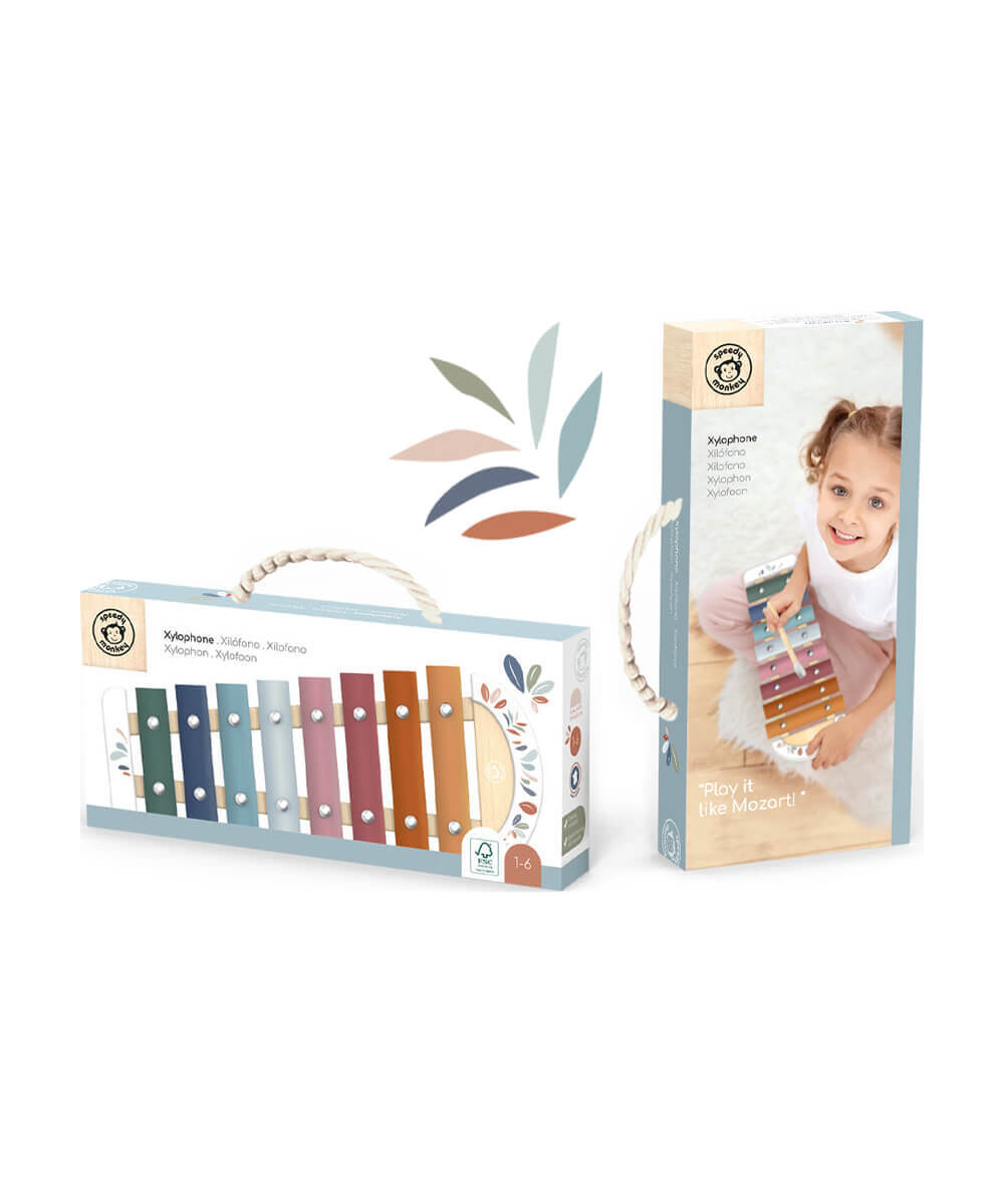 Xylophone huit notes Speedy Monkey présenté dans son emballage, sur fond blanc
