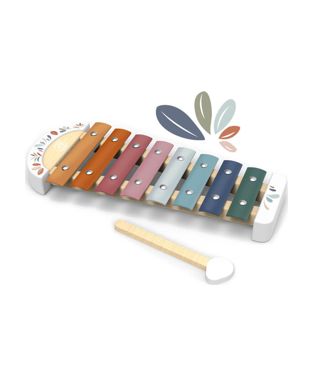 Xylophone en bois Speedy Monkey et sa baguette, vus de trois quarts sur fond blanc