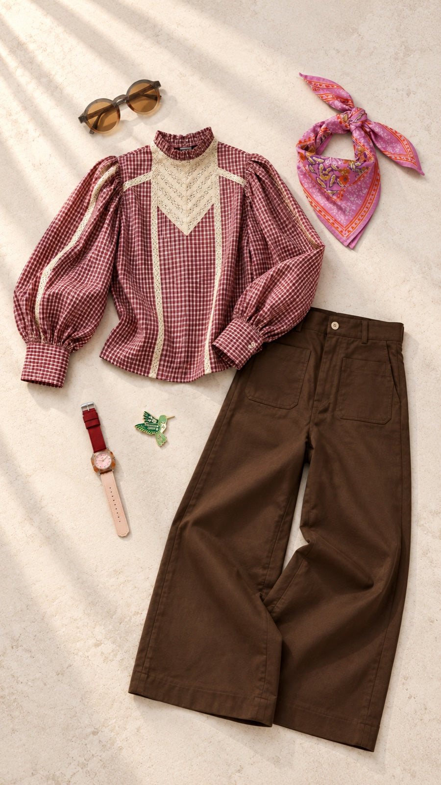 Montage d’inspiration : blouse Bella Grenat, pantalon Torres Marron et quatre accessoires assortis